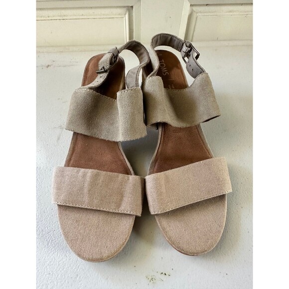 TOMS Poppy Mix Media Suede Canvas Double Strap Mid Chunky Block Heel Sandal 9.5 - Picture 2 of 7